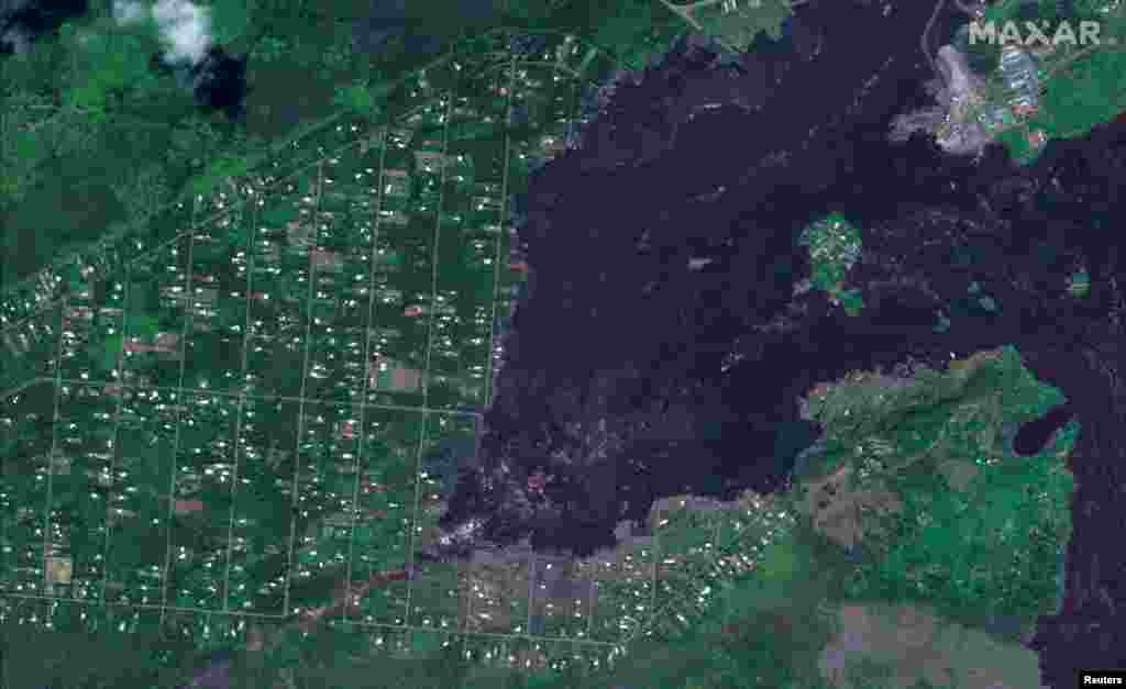 A satellite image of Leliani Estates is shown one year after the 2018 volcanic eruptions, on the Big Island of Hawaii.