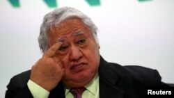 Samoan Prime Minister Tuilaepa Aiono Sailele Malielegaoi gestures during a news conference to mark the end of the Commonwealth Heads of Government Meeting at Marlborough House in London, April 20, 2018. 