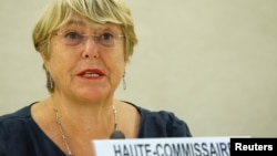 FILE - U.N. High Commissioner for Human Rights Michelle Bachelet attends a session of the Human Rights Council at the United Nations in Geneva, Switzerland, September 13, 2021. 