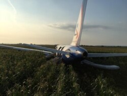 A view shows the Ural Airlines Airbus 321 passenger plane following an emergency landing in a field near Zhukovsky International Airport in Moscow Region, Russia, Aug. 15, 2019.