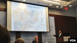 Cambodia's commerce minister Sun Chanthol shows a map of Cambodia road network with neighboring countries during a presentation on “Economic Reforms in Cambodia” at the Center for Strategic and International Studies (CSIS) in Washington D.C, Monday.