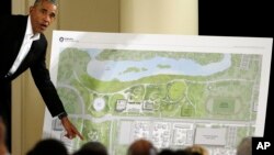 FILE - Former U.S. president Barack Obama speaks at a community event on a future Presidential Center, at the South Shore Cultural Center in Chicago, Illinois, May 3, 2017.