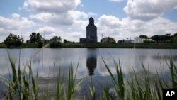 FILE - A grain elevator is reflected in a wetland area at Holmquist, S.D., June 18, 2019. 