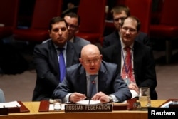 Russian Ambassador to the United Nations Vassily Nebenzia addresses the Security Council on Syria during a meeting at U.N. headquarters in New York, March 12, 2018.