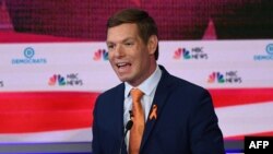Democratic presidential hopeful U.S. Representative from California Eric Swalwell speaks during the second Democratic primary debate of the 2020 presidential campaign at the Adrienne Arsht Center for the Performing Arts in Miami, June 27, 2019.