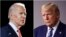 FILE - In this combination of photos, former Vice President Joe Biden, left, speaks in Wilmington, Delaware, March 12, 2020, and President Donald Trump speaks at the White House in Washington, April 5, 2020.