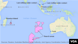 Previous search sites for MH370, and Reunion Island, where wreckage was found
