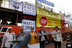 FILE - Cambodian non-governmental organization (NGOs) activists hold a cut-out of Mekong dolphin, left, and cut-out of other species during a protest against a proposed Don Sahong dam, in Phnom Penh, Cambodia, Sept. 11, 2014.