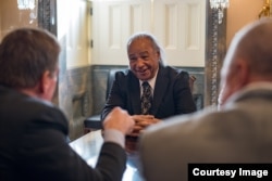 Photo shows Stephen R. Adkins chief, Chickahominy Indian Tribe, in Senate Chamber just prior to Senate vote on the Thomasina E. Jordan Indian Tribes of Virginia Federal Recognition Act of 2017, Jan. 11, 2017. Courtesy: Senator Tim Kaine (D-Va).