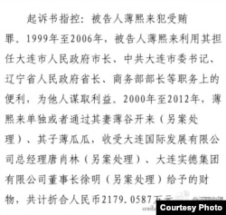 起诉书指控：被告人薄熙来犯受贿罪。（照片来源：济南中院微博）