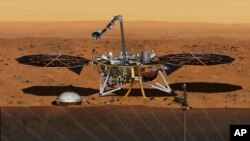 This August 2015 artist's rendering provided by NASA/JPL-Caltech depicts the InSight Mars lander studying the interior of Mars.