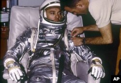 1961: Astronaut Alan B. Shepard, Jr. during suiting for the first manned suborbital flight, MR-3 mission. The Freedom 7 spacecraft, carrying the first American, Astronaut Shepard and boosted by the Mercury-Redstone launch vehicle, lifted off on May 5, 1961.