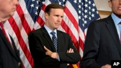 Sen. Chris Murphy, D-Conn., stands during a media availability on Capitol Hill in Washington, June 20, 2016. 