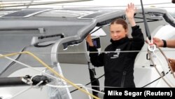 Swedish 16-year-old activist Greta Thunberg sails on the Malizia II racing yacht in New York Harbor as she nears the completion of her trans-Atlantic crossing in order to attend a United Nations summit on climate change in New York, U.S., August 28, 2019.