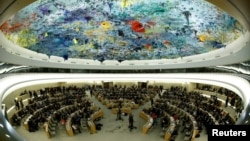 FILE - The United Nations Human Rights Council session hall is seen in Geneva, Switzerland, June 6, 2017.