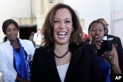 FILE - U.S. Sen. Kamala Harris, D-Ca., leaves a campaign event at Miami Dade College in Miami, Oct. 29, 2018.