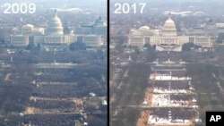 An AP photo of the Barack Obama's inauguration in 2009 and a screen grab from the White House YouTube livestream of Donald Trump's 2017 inauguration appear to show a large difference in the number of inaugural attendees.