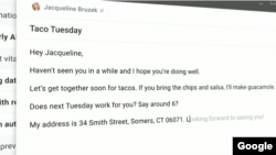 An example of the AI-powered Smart Compose feature in Gmail is demonstrated during Google’s I/O 2018 developers' conference in Mountain View, California on May 8, 2018. (Google)