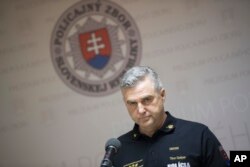 President of the Police Force Tibor Gaspar gives a press conference on the latest information in the investigation of the murder of journalist Jan Kuciak and his fiancee in Bratislava, Feb. 28, 2018.