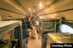 HAIPER, the Gulfstream V in flight, is loaded with instruments. (NCAR)