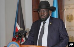 FILE - President of South Sudan Salva Kiir speaks at the presidential palace in Juba, July 9, 2017.