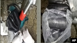 In this combination of images provided by the Moldova General Police Inspectorate, a sample of uranium-235 is tested for radioactivity in Chisinau, Moldova, June 27, 2011.