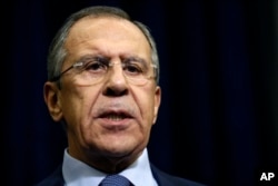 Russian Foreign Minister Sergey Lavrov speaks to the media about a Russian jet fighter being shot down by Turkish forces, in Sochi, Nov. 24, 2015.