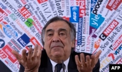 Palermo Mayor Leoluca Orlando speaks during a meeting with the foreign press, Jan. 9, 2019, in Rome. Orlando is one of the mayors of three large Italian cities who are refusing to obey a controversial anti-immigration law penned by far-right Deputy Prime Minister Matteo Salvini, condemning it as unconstitutional.