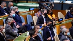 U.S. climate envoy John Kerry, Secretary of State Antony Blinken and U.S. Ambassador to the United Nations Linda Thomas-Greenfield, listen as President Joe Biden delivers remarks to the 76th Session of the United Nations General Assembly, in New York City