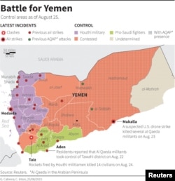 Map of Yemen showing territorial control and locations targeted by the Saudi-led air strikes.