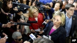 Democratic presidential candidate Hillary Rodham Clinton speaks to reporters May 22, 2015, in Hampton, N.H. (AP Photo/Jim Cole)