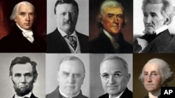 A composite of some of the richest and poorest U.S. presidents (top row from left): James Madison, Theodore Roosevelt, Thomas Jefferson (AP Photo), Zachary Taylor. (Bottom row, from left) Abraham Lincoln, William McKinley, Harry Truman and George Washington.