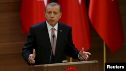 FILE - Turkish President Recep Tayyip Erdogan delivers a speech at the Presidential Palace in Ankara, Turkey, Nov. 26, 2015. 