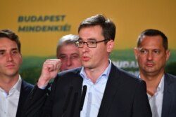 FILE - Budapest's mayor candidate of the center left opposition party Gergely Karacsony addresses the audience after his victory on Oct. 13, 2019.