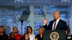 President Donald Trump speaks to the National Association of Manufactures at the Mandarin Oriental hotel, Sept. 29, 2017, in Washington. 