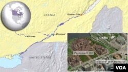 ផែនទី​បង្ហាញ​ក្រុង​ Ottawa ប្រទេស​កាណាដា​។ក្រុម​ប៉ូលិស​កាណាដា​បាន​ចាប់ខ្លួន​បងប្អូន​ប្រុស​ពីរ​នាក់​ដោយ​ចោទ​ប្រកាន់​ពួក​គេ​ពី​បទ​ភេរវកម្ម​មួយ​ចំនួន។