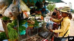 A vendor, right, holds a plastic bag containing salty fish at her mobile market in Kporb A-Tiev village, Kandal province, east of Phnom Penh, Cambodia. (AP Photo/Heng Sinith)