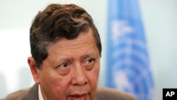 Marzuki Darusman chair of the U.N. fact-finding mission on Myanmar talks during a press conference in Jakarta, Indonesia, Aug. 5, 2019.