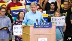Libertarian presidential candidate Gary Johnson speaks during a campaign rally, Sept. 3, 2016, at Grand View University in Des Moines, Iowa. 