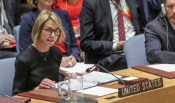 U.S. United Nations Ambassador Kelly Craft address the U.N. Security Council after a failed vote on a humanitarian draft resolution for Syria, Sept. 19, 2019, at U.N. headquarters.