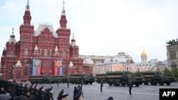 TOPSHOT - A column of Russian missile S-400 Triumf systems drives on Red Square during the Victory Day military parade in central Moscow on May 9, 2024.