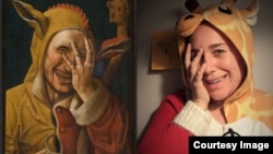 "Laughing Fool" painting attributed to Jacob Cornelisz van Oostsanen. Image: Davis Museum at Wellesley College. Recreation by Tiffanie Pierini Ho via Facebook. 