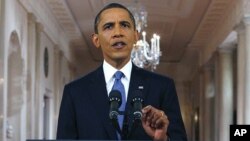 President Barack Obama announces his plan to begin withdrawing US troops from Afghanistan from the East Room of the White House on June 22, 2011.