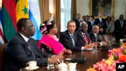 Presiden AS Barack Obama bertemu dengan, dari kiri ke kanan, Presiden Senegal Macky Sall, Presiden Malawi Joyce Banda, Presiden Sierra Leone Ernest Bai Koroma dan Perdana Menteri Cape Verde José Maria Pereira Neves, di Washington. (AP/Manuel Balce Ceneta)