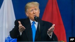 Presiden AS Donald Trump berbicara dalam peringatan Hari Veteran, Senin (11/11). 