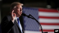 President Donald Trump speaks at Fort Myer in Arlington Va., Aug. 21, 2017, during a presidential address on U.S.-Afghanistan strategy, Aug. 21, 2017. 