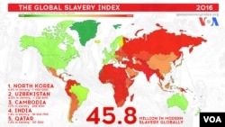 The Global Slavery Index map shows countries with high levels of what the Walk Free Foundation calls modern slavery. At left is a list of countries with the highest percentages of workers considered modern slaves.