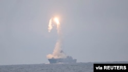 A Tsirkon hypersonic cruise missile is launched from the Russian guided missile frigate Admiral Gorshkov during a test in the White Sea, in this still image taken from video released Oct. 7, 2020. (Russian Defense Ministry/handout via Reuters)