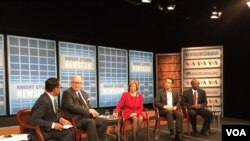 Left to right: Mil Arcega, Gene Policinski, Baroness Emma Nicholson of Winterbourne, Lorenzo Vidino and Harun Maruf discuss ISIS’s use of propaganda during a town hall at the Newseum in Washington, D.C., Oct. 21, 2015.
