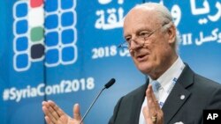 FILE - U.N. Special Envoy for Syria Staffan de Mistura addresses the media in Brussels, Belgium, April 25, 2018.